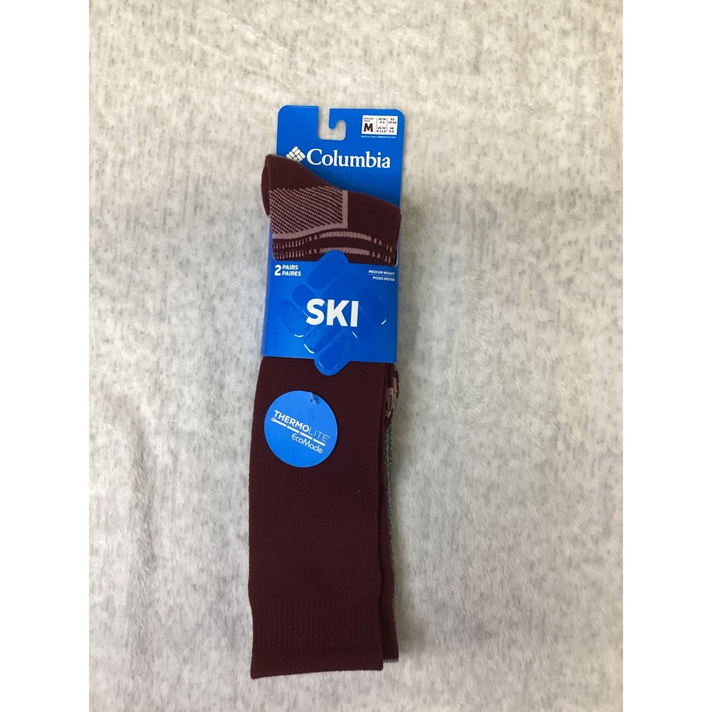 Columbia 2 Pack Ski Over-The-Calf Socks Red Grey Medium Thermolite EcoMade NEW..